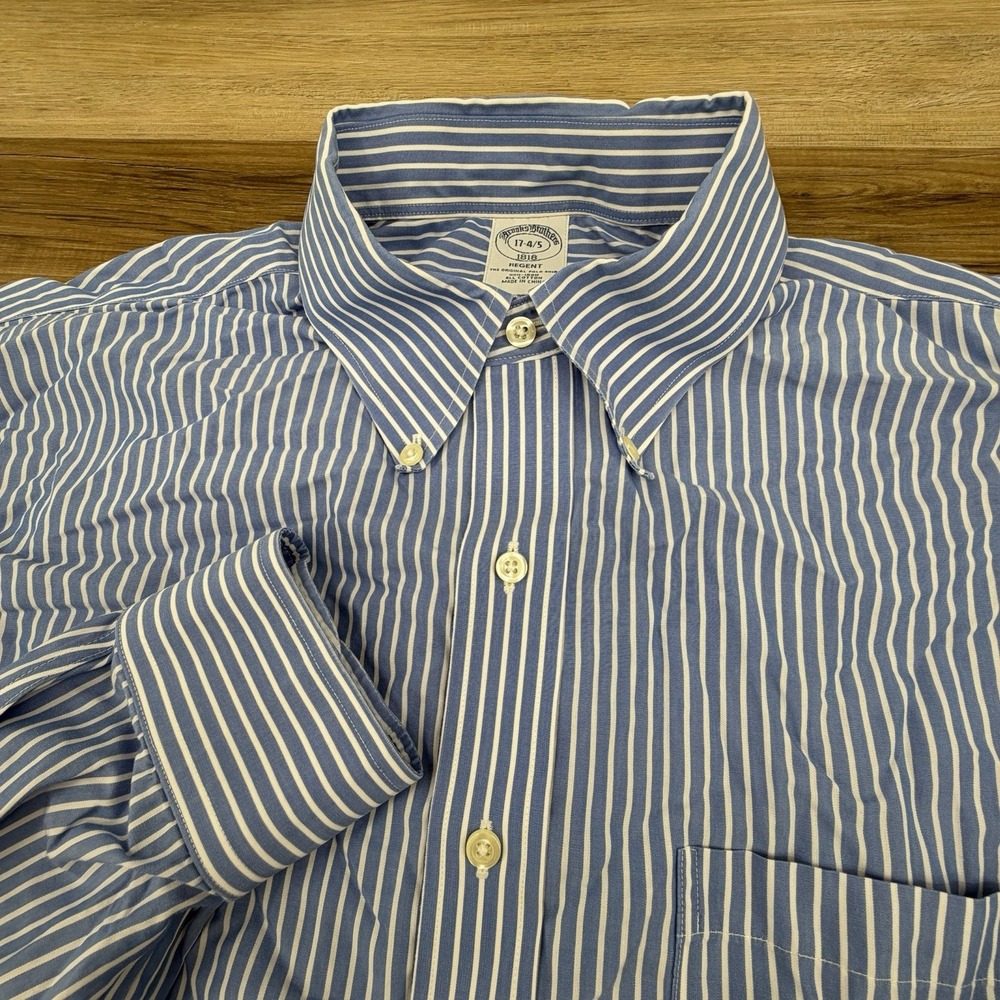Brooks Brothers Regent‎ Non-Iron Blue White Striped Dress Shirt Mens Size 17 4/5